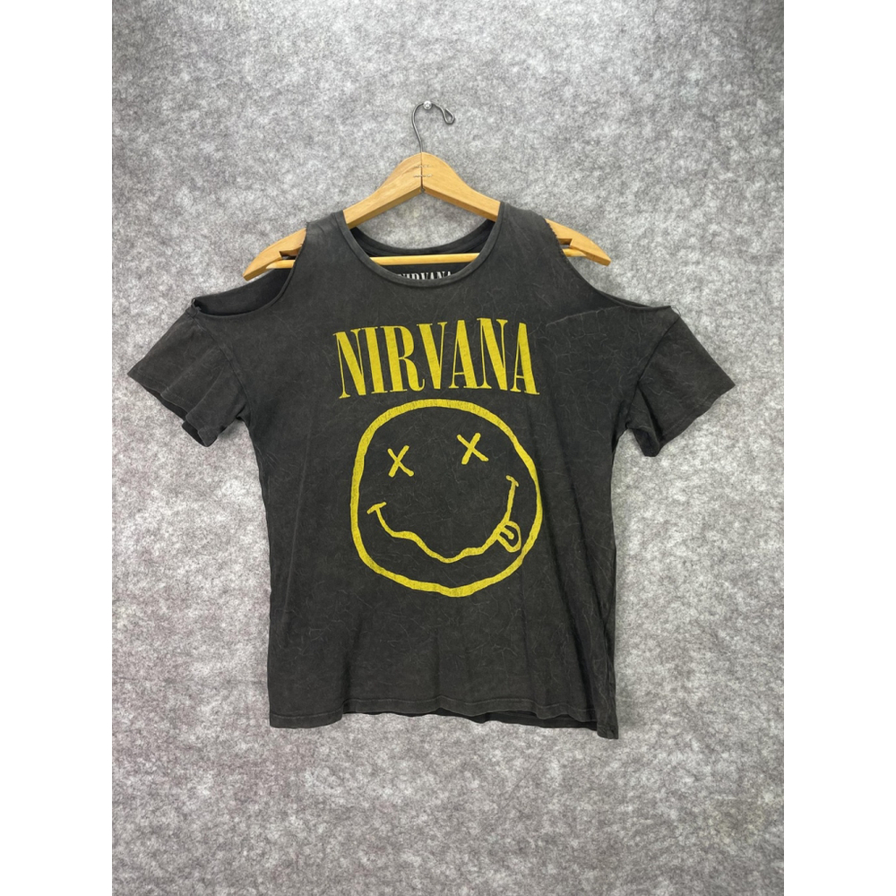 Nirvana Shirt Womens Medium Black Cold Shoulder Smiley Face Graphic Band Tee